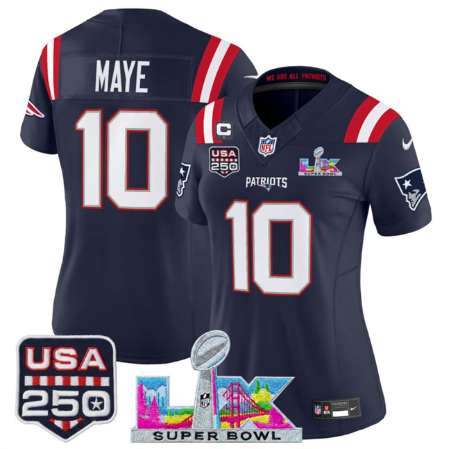 Women's New England Patriots #10 Drake Maye Navy 2025 F.U.S.E. 1-Star C Patch And Super Bowl LX Patch & USA 250' Patch Vapor Limited Football Stitched Jersey(Run Small)